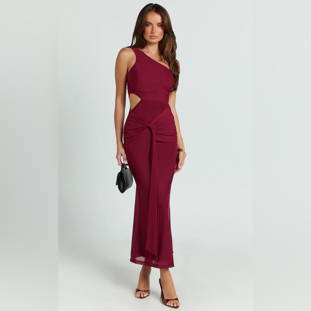 Showpo Burgundy One-Shoulder Cutout Dress